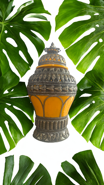 Antique Moroccan Ceramic Urn W/ Metal Moorish Filigree Overlaid