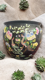 20th Century Family Noire Black Chinese Porcelain Planter With Goldfish + Phoenix Birds