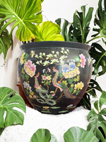 20th Century Family Noire Black Chinese Porcelain Planter With Goldfish + Phoenix Birds