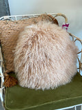 Round Mongolian Lamb Fur Pillow, Blush Color