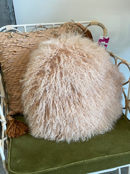 Round Mongolian Lamb Fur Pillow Blush Color FENG SWAY