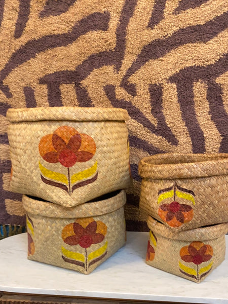 70s Style Floral Woven Baskets